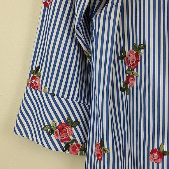 Boho Chic Striped Button Front 3/4 Sleeve Blouse Top with Floral Embroidery - Picture 4 of 10